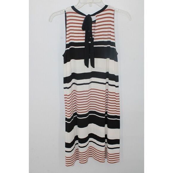 Loft Sleeveless Swing Dress Black Brown Ivory Striped Tie Back Small $70 NWT - Picture 4 of 8